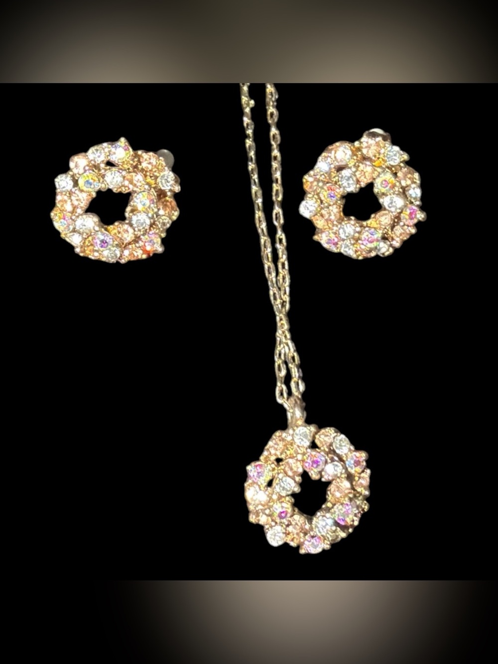 Vintage Champagne AB Rhinestone Wreath Necklace Stud Earrings Set